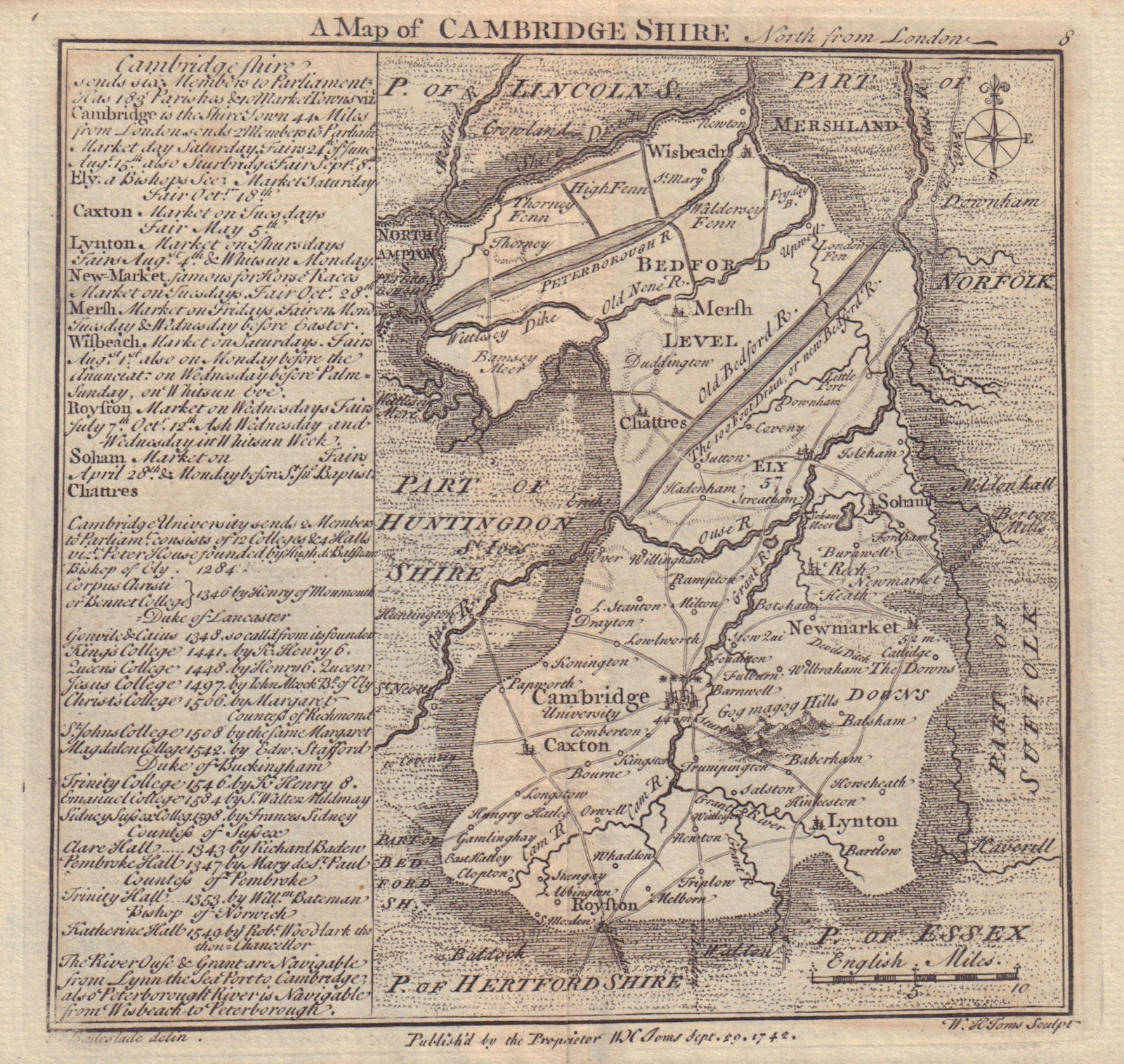 Antique county map of Cambridgeshire by Badeslade & Toms 1742 old